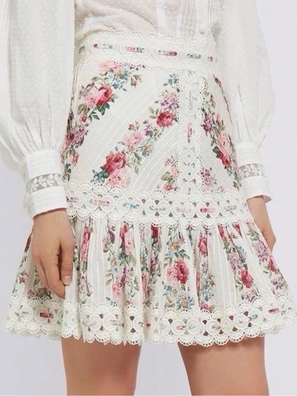 Zimmermann Honour Skirt - White Floral Lace-Trim